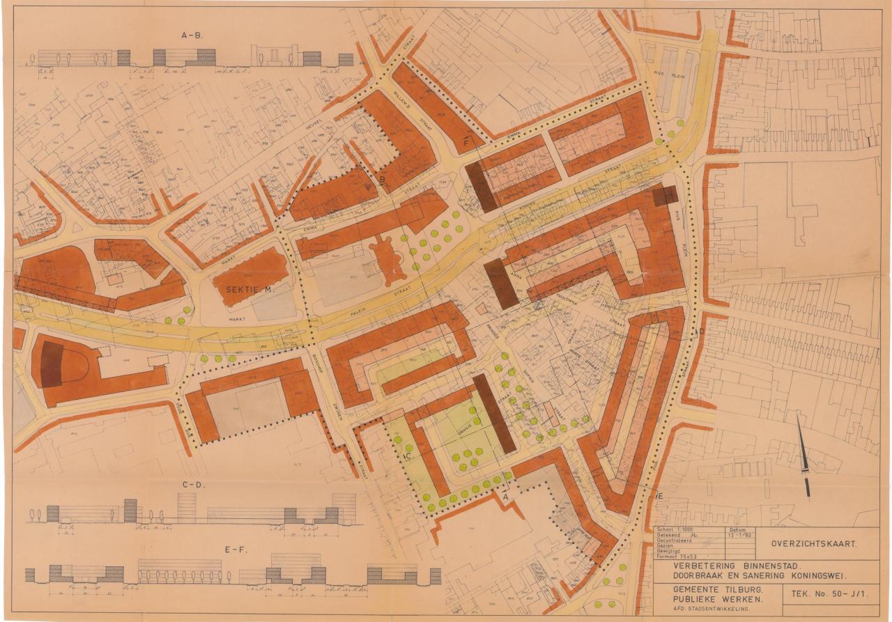 Stadsontwikkelingsplannen in 1960: doorbraak en saneren van de Koningswei. (Bron: Regionaal Archief Tilburg)