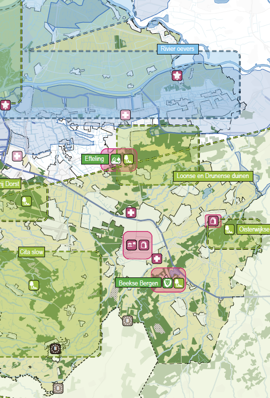 Uitsnede kaart "Voorzieningen Leisure Landschap" uit de ontwikkelstrategie van de SRBT.